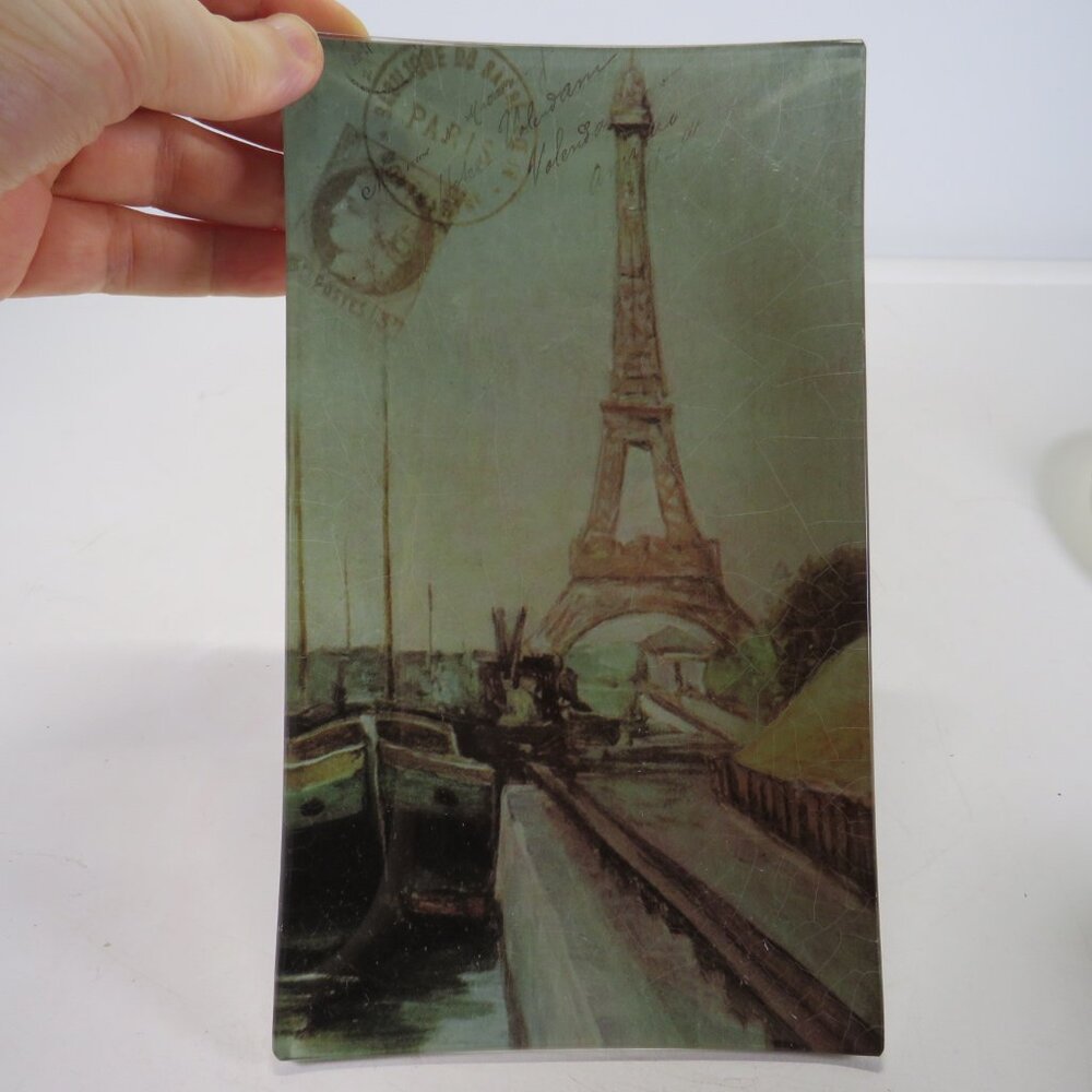 Vintage Inspired Paris Eifel Tower Glass Dish in a bowed glass design 8x4.5"